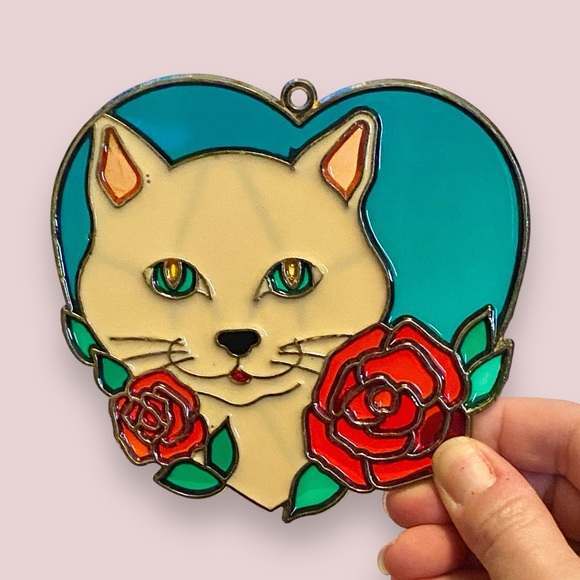 Heart with Cat & Roses Stained Glass Acrylic Window Hanging Suncatcher 5” x 4.5” - Picture 1 of 5